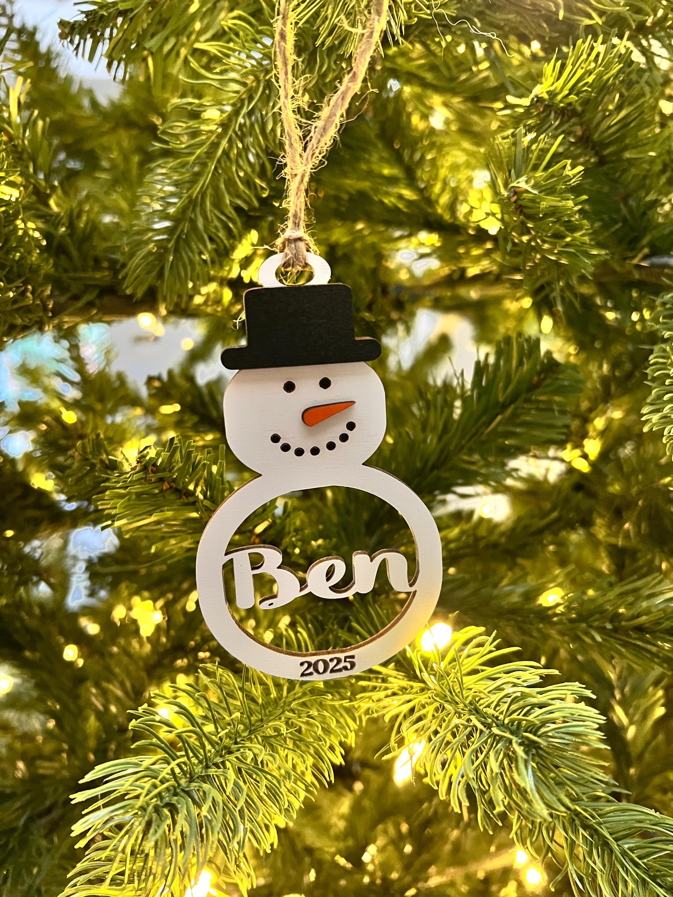 Personalized Snowman Christmas Ornament: Laser Cut Wood Holiday Bauble
