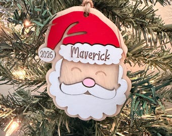 Personalized Santa Christmas Ornament: Laser Cut Wood Holiday Bauble