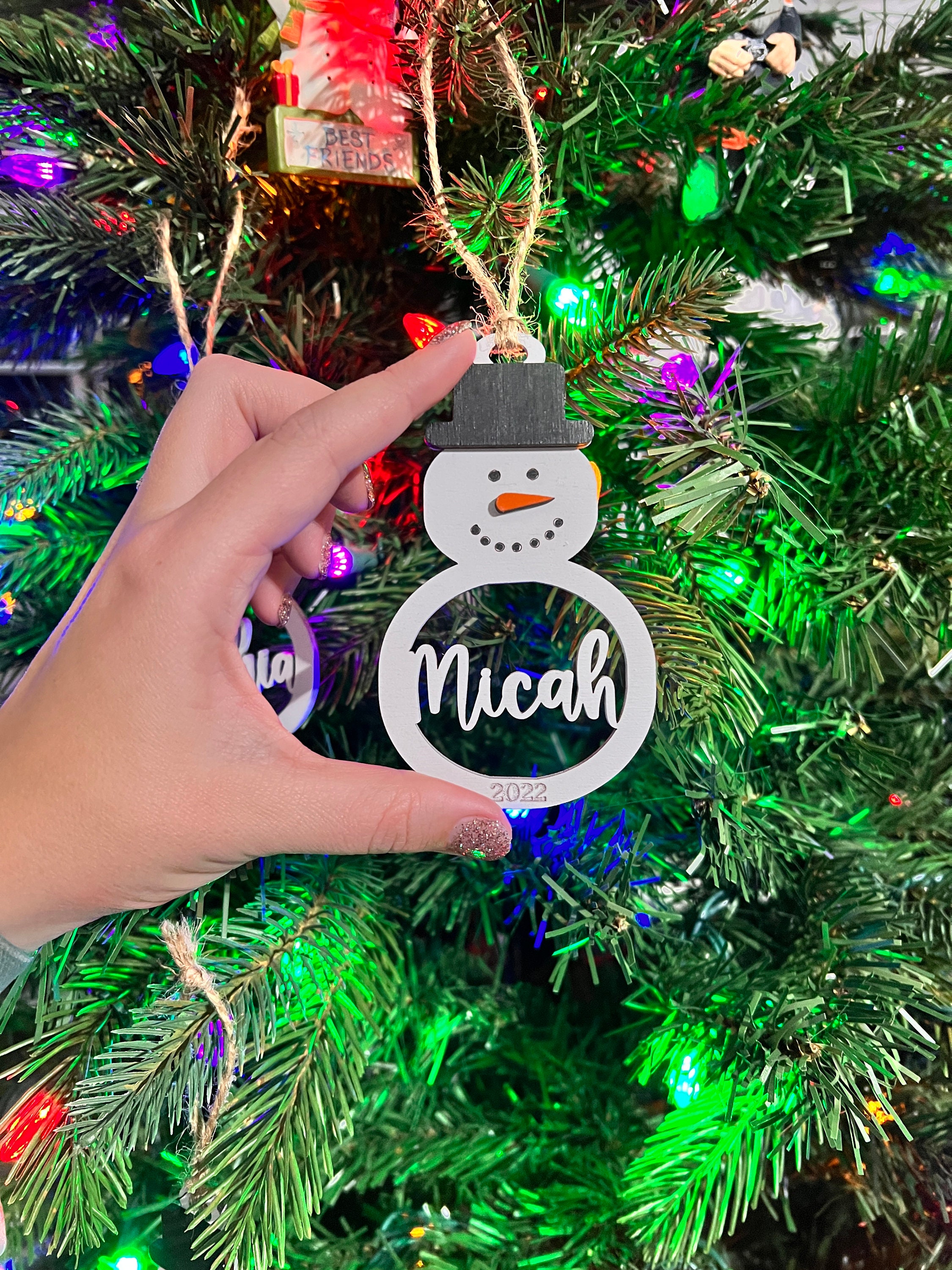 Personalized Snowman Christmas Ornament: Laser Cut Wood Holiday Bauble