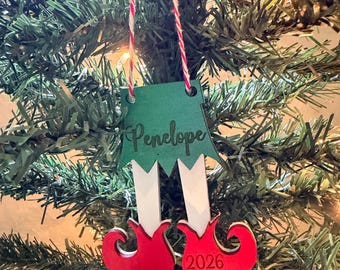 Personalized Elf Christmas Ornament: Laser Cut Wood Holiday Bauble