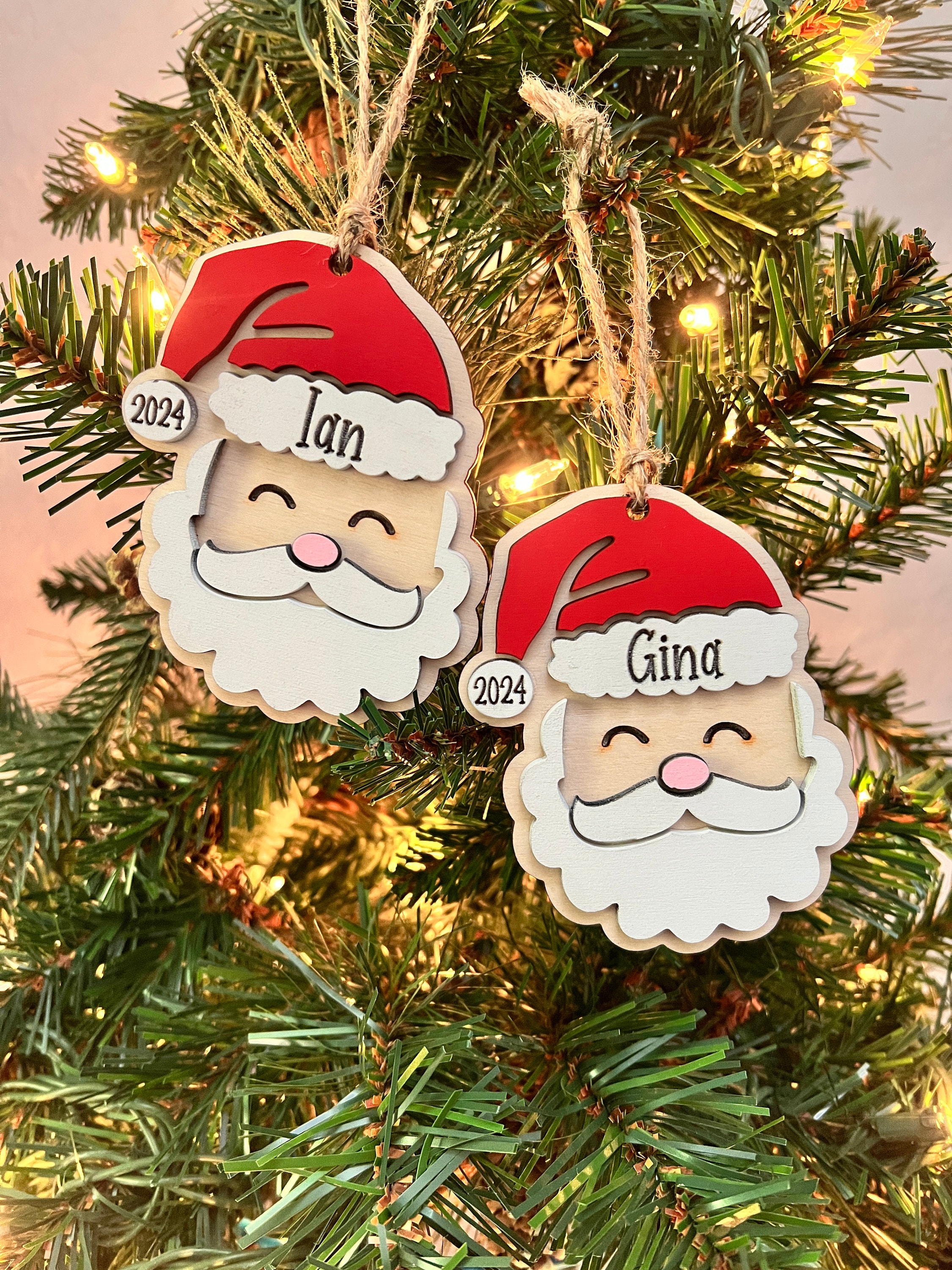Personalized Santa Christmas Ornament: Laser Cut Wood Holiday Bauble