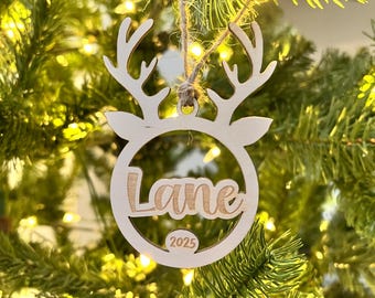 Personalized Reindeer Ornament: Laser Cut Wood Christmas Bauble