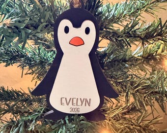 Personalized Penguin Christmas Ornament: Laser Cut Wood Holiday Bauble