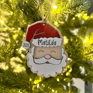 Personalized Santa Christmas Ornament: Laser Cut Wood Holiday Bauble
