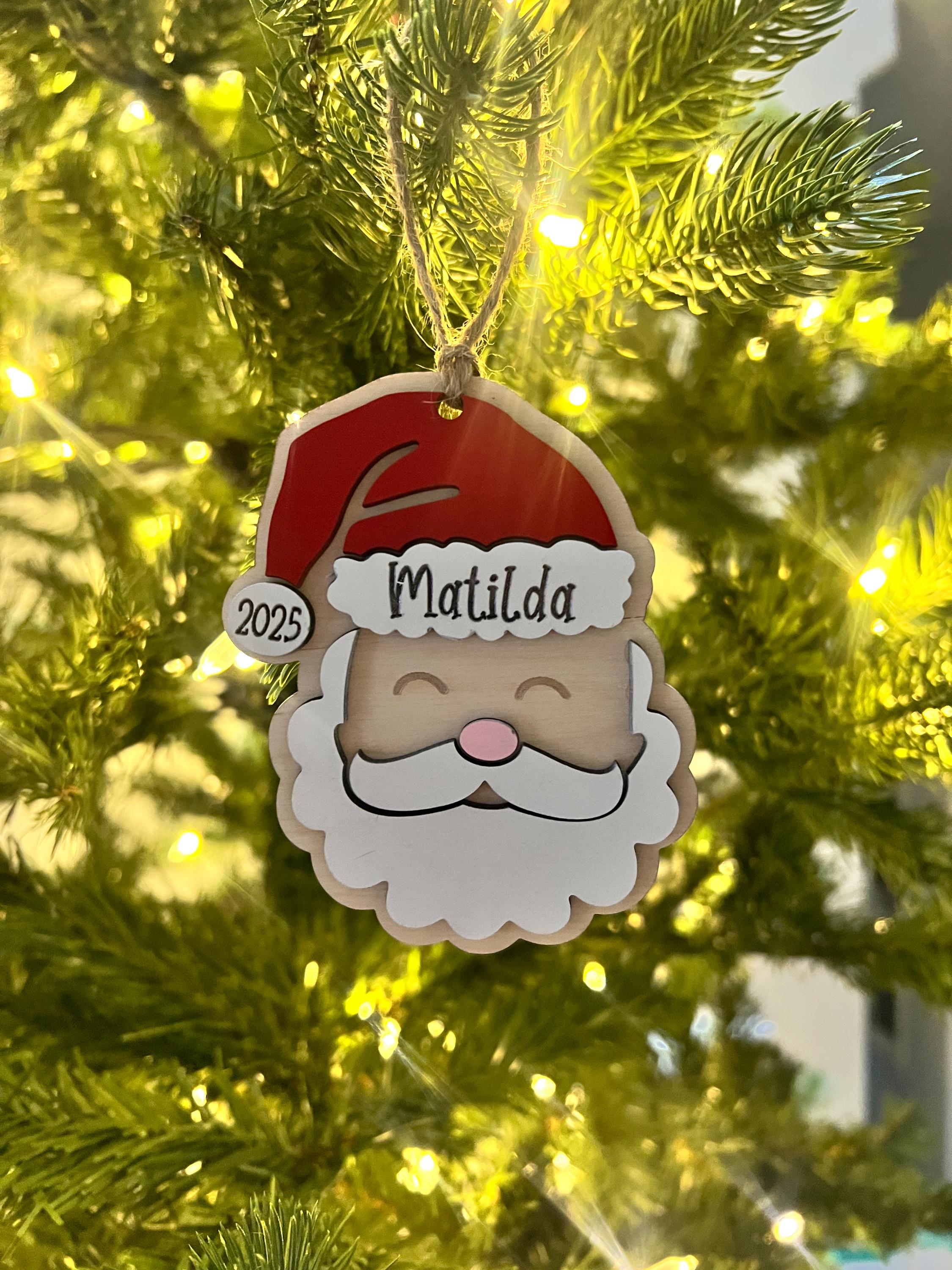 Personalized Santa Christmas Ornament: Laser Cut Wood Holiday Bauble