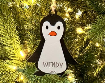 Personalized Penguin Christmas Ornament: Laser Cut Wood Holiday Bauble