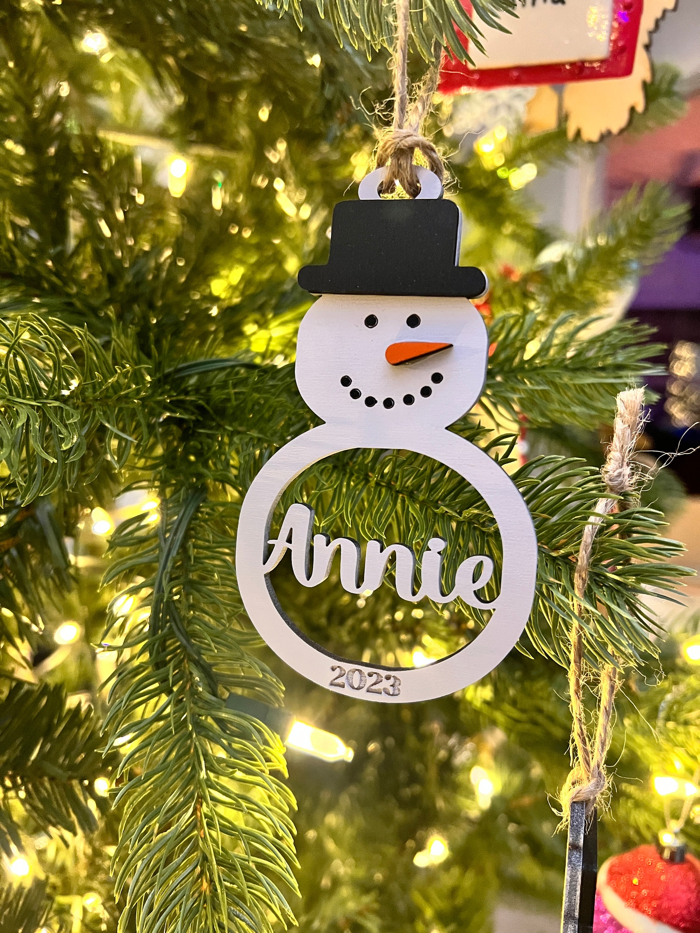 Personalized Snowman Christmas Ornament: Laser Cut Wood Holiday Bauble