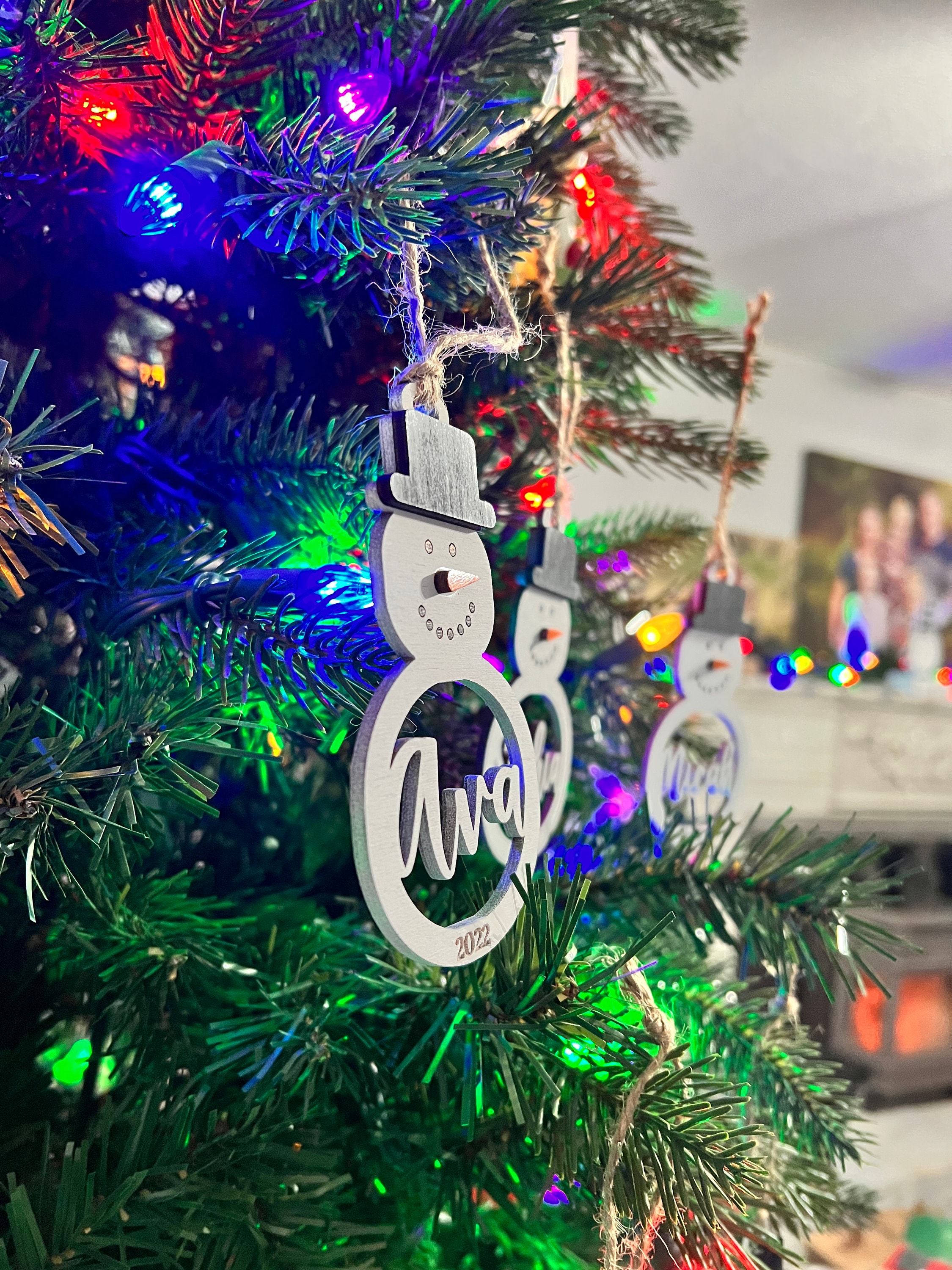Personalized Snowman Christmas Ornament: Laser Cut Wood Holiday Bauble