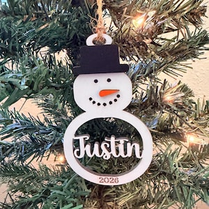Personalized Snowman Christmas Ornament: Laser Cut Wood Holiday Bauble