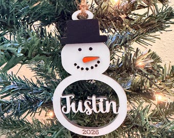 Personalized Snowman Christmas Ornament: Laser Cut Wood Holiday Bauble