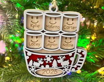 Personalized Marshmallow Family Ornament: Rustic Cocoa Cup, 2025 Bauble