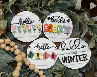Hello *Season* Mini Round Shiplap Signs | Spring| Summer| Fall | Winter | Farmhouse | Tier Tray Decor | 3D laser cut | Mini Sign