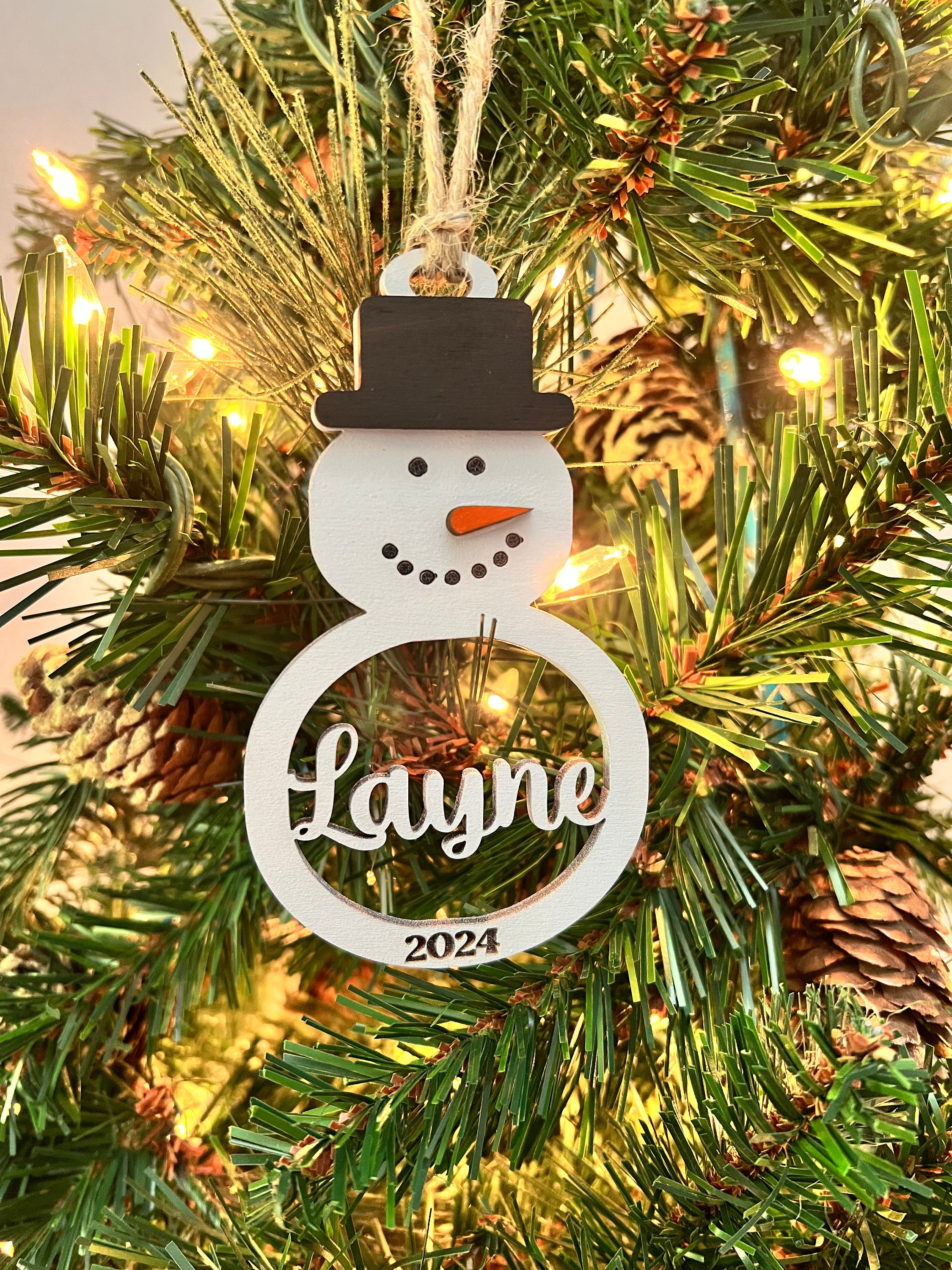 Personalized Snowman Christmas Ornament: Laser Cut Wood Holiday Bauble