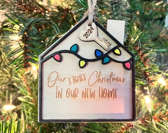 First Christmas New Home Ornament: Laser Cut Birch, Hand-Painted Lights