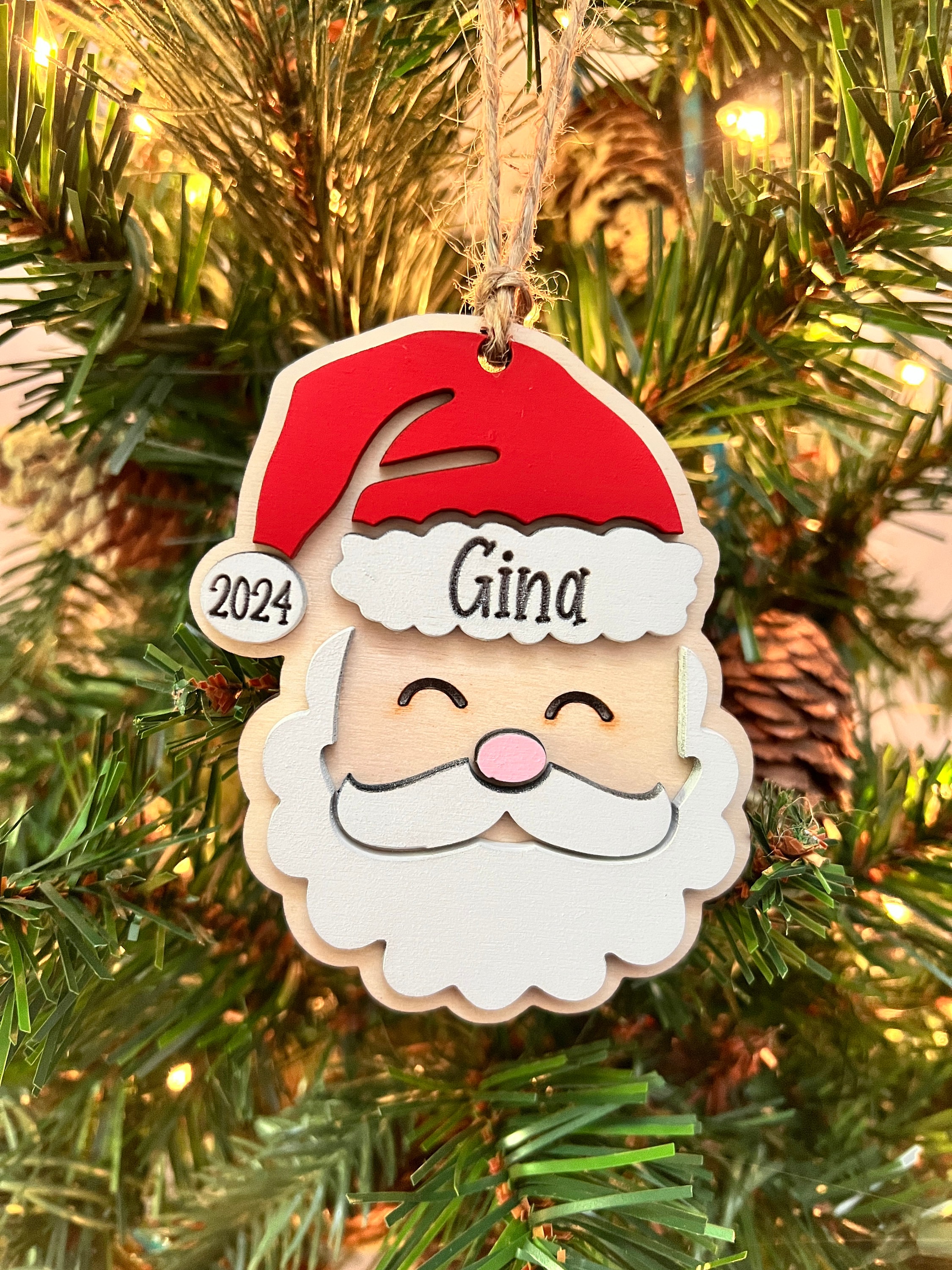 Personalized Santa Christmas Ornament: Laser Cut Wood Holiday Bauble