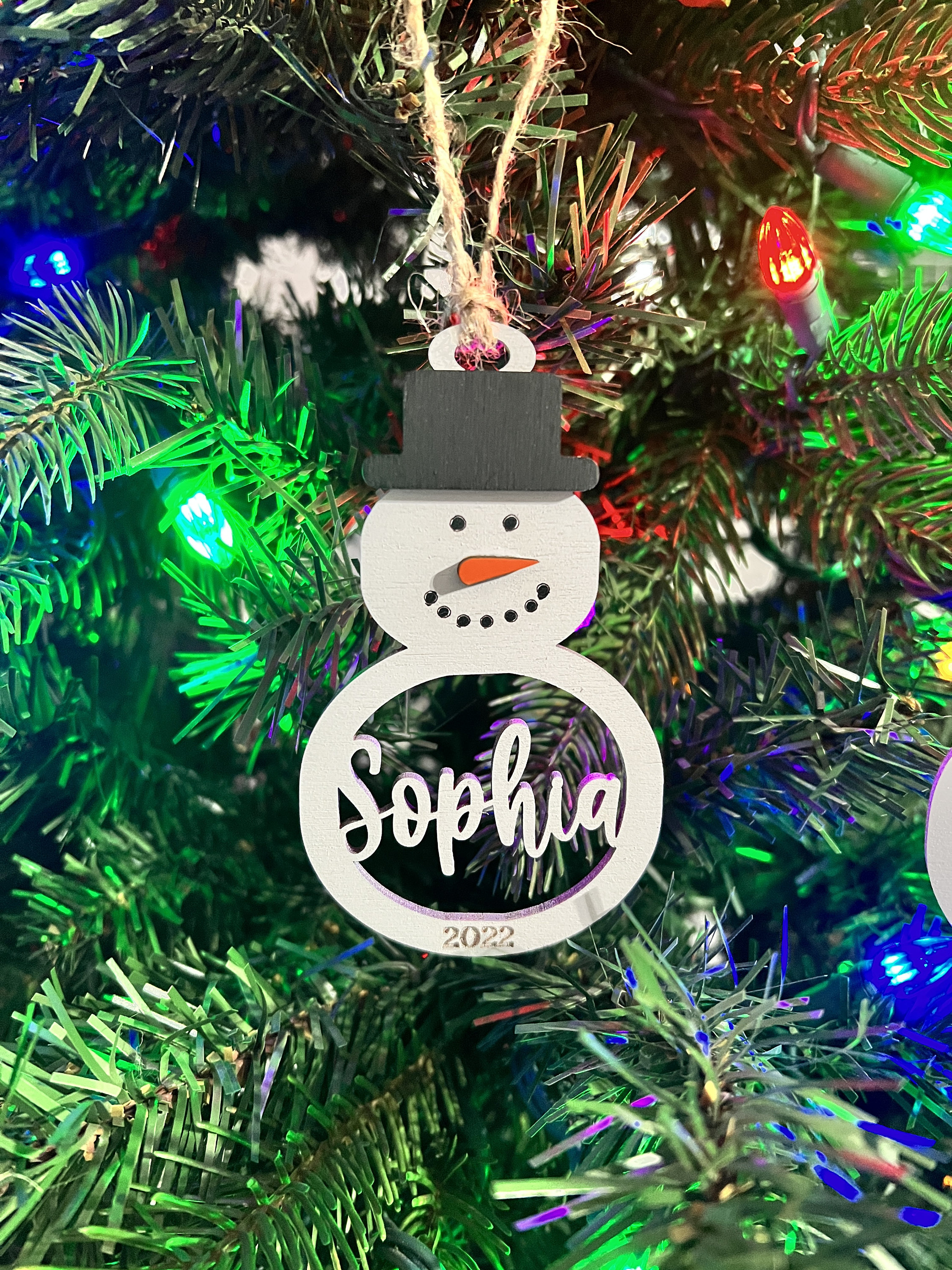 Personalized Snowman Christmas Ornament: Laser Cut Wood Holiday Bauble