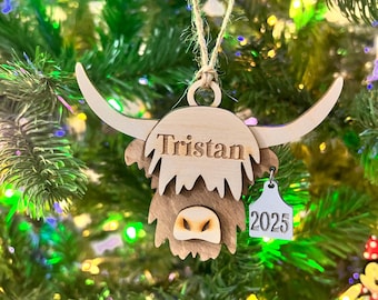 Personalized Highland Cow Christmas Ornament: Laser Cut Wood Holiday Bauble