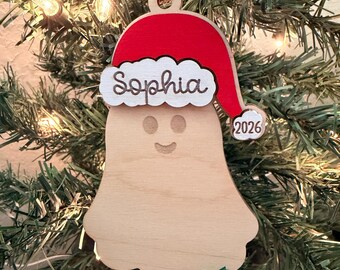 Personalized Santa Ghost Christmas Ornament: Laser Cut Wood Holiday Bauble