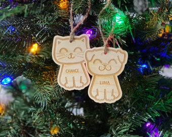 Personalized Cat or Dog Christmas Ornament: Laser Cut Wood Holiday Bauble