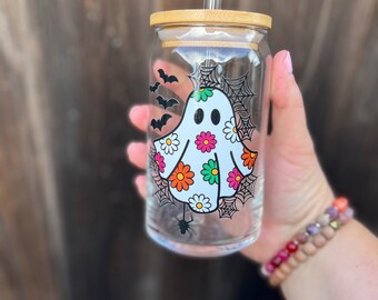 16 oz. Halloween Iced Beverage Glass / Beer Can Glass / Iced Coffee Cup / Soda Can Glass / Fun Drinking Glass - Garden Ghostie