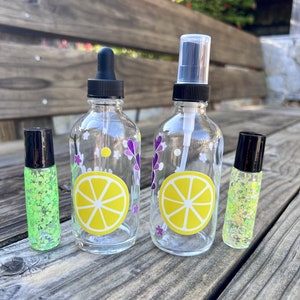 WILDE LEMON TRIO - 4 oz dropper bottle / 4 oz spray bottle / 10ml glitter roller bottle / glitter perfume bottle / roller bottle / perfume
