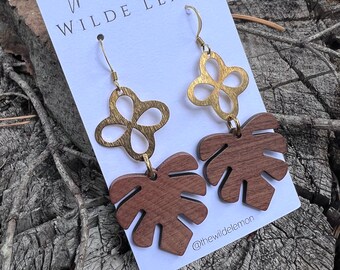 Brass + Wood Dangle Earrings / Statement Earrings / Raw Brass Earrings – Monstera Love