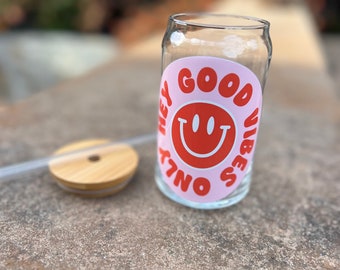 16 oz. Iced Beverage Glass / Beer Can Glass / Iced Coffee Cup / Soda Can Glass / Fun Drinking Glass - Good Vibes Only