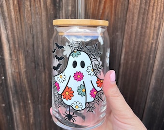 16 oz. Halloween Iced Beverage Glass / Beer Can Glass / Iced Coffee Cup / Soda Can Glass / Fun Drinking Glass - Garden Ghostie