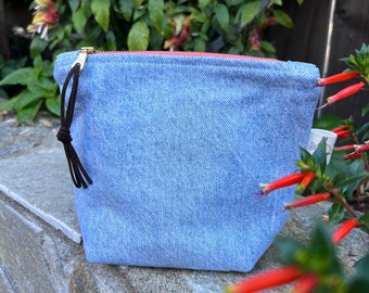 Upcycled Denim / Small Zipper Bag / Make Up Bag / Travel Case / Toiletry Pouch / Cosmetic Bag - Baby Blue Denim