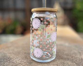 16 oz. Iced Beverage Glass / Beer Can Glass / Iced Coffee Cup / Soda Can Glass / Fun Drinking Glass - Pink Lemons and Dots