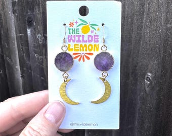 Amethyst + Raw Brass Dangle Earrings / Raw Brass Earrings - Amethyst Skies