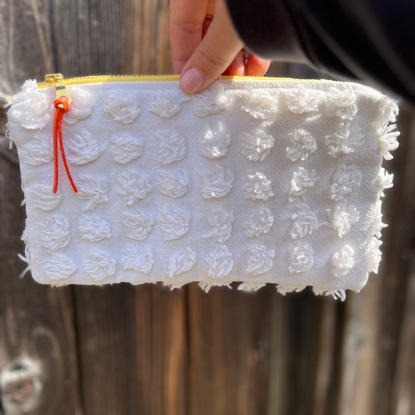 Anthro Inspired Zipper Bag / Make Up Bag / Travel Case / Gadget Bag / Toiletry Pouch / Cosmetic Bag - White Pops Chenille