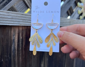 Boho Brass Dangle Earrings / Brass Statement Leaf Earrings / Glass Earrings / Raw Brass Earrings – Leaf