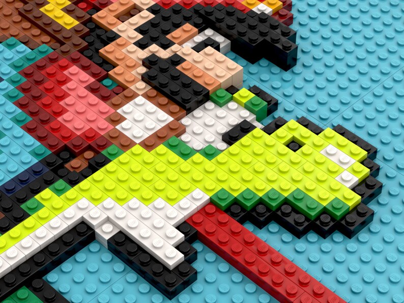 May include: A close-up of a green, yellow, and white Lego figure of a dinosaur, partially obscured by a red, brown, and black Lego figure of a person.
