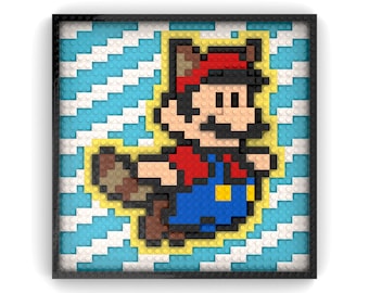 Red Italian Plumber in Raccoon Suit Retro 8-Bit - LEGO® Wall Art Assembly Kit Inspired by Nintendo Mario Bros 3