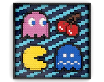 Żółty Pixel Chomper, Ghosts and Cherries Retro Game - Zestaw do montażu dekoracji ściennych LEGO® inspirowany grą Atari Pac-Man