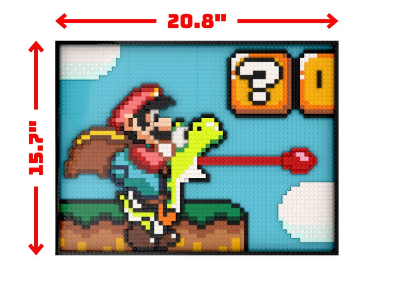 May include: A framed pixel art picture of a video game character, Mario, riding a dinosaur-like creature. The picture is 20.8 inches wide and 15.7 inches tall. The background is blue with a question mark block and a coin block.