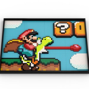 May include: A pixelated image of a video game character, Mario, riding a green dinosaur, Yoshi, in a blue and green landscape. Mario is wearing a red hat and overalls, and Yoshi is holding a red shell. There are question mark blocks and a coin block in the background.