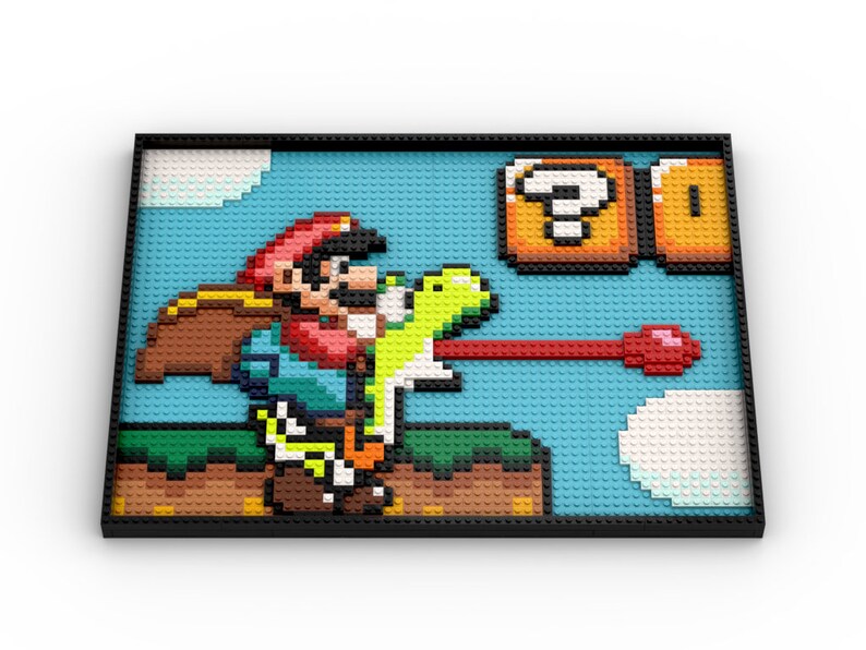 May include: A pixelated image of a video game character, Mario, riding a green dinosaur, Yoshi, in a blue and green landscape. Mario is wearing a red hat and overalls, and Yoshi is holding a red shell. There are question mark blocks and a coin block in the background.