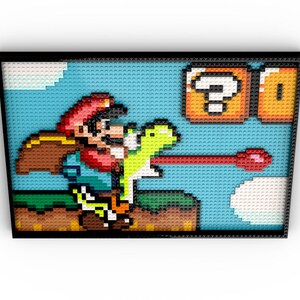 May include: A pixelated image of a video game character, Mario, in a red hat and blue overalls, holding a green turtle shell. He is standing on a brown platform with a green bush and a blue sky in the background. A question mark block is above him.
