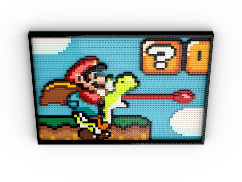 May include: A pixelated image of a video game character, Mario, in a red hat and blue overalls, holding a green turtle shell. He is standing on a brown platform with a green bush and a blue sky in the background. A question mark block is above him.