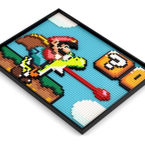 May include: A pixelated image of a video game character riding a yellow dinosaur, holding a red flower. The character is wearing a red hat and blue overalls. The background is blue with white clouds and a brown ground. The image is made of LEGO bricks.