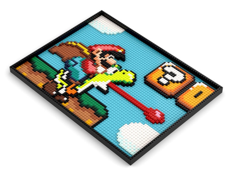 May include: A pixelated image of a video game character riding a yellow dinosaur, holding a red flower. The character is wearing a red hat and blue overalls. The background is blue with white clouds and a brown ground. The image is made of LEGO bricks.