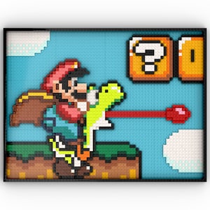 May include: A pixelated image of a video game character, Mario, riding a green dinosaur, Yoshi, and shooting a red projectile. The background is a blue sky with white clouds and a question mark block.