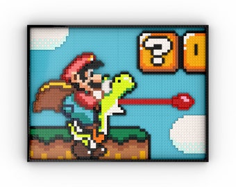 Red Italian Plumber on Green Dinosaur Retro 1990 16-Bit - LEGO® Wall Art Assembly Kit Inspired by Nintendo Super Mario World