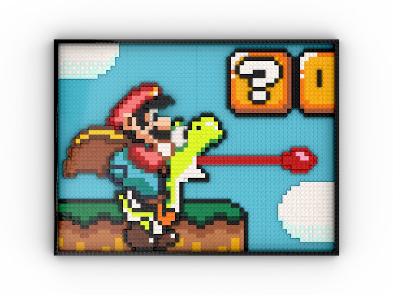 May include: A pixelated image of a video game character, Mario, riding a green dinosaur, Yoshi, and shooting a red projectile. The background is a blue sky with white clouds and a question mark block.