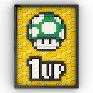 1-Up Green Mushroom Retro Pixel Art - LEGO® Wall Art Assembly Kit Inspired by Nintendo Super Mario World