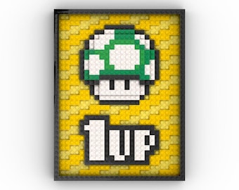 1-Up Green Mushroom Retro Pixel Art - LEGO® Wall Art Assembly Kit Inspired by Nintendo Super Mario World