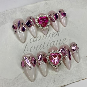 Y2K Press on Nail pink Nail for Birthday Gift for Her Customizable Nail Reusable Gift Rhinestone Nail