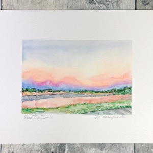 Sunrise Over Fields, Watercolor Landscape Painting, Fine Art Print